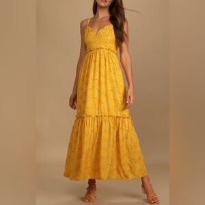 Charm and Charisma Mustard Yellow Burnout Floral Midi Dress